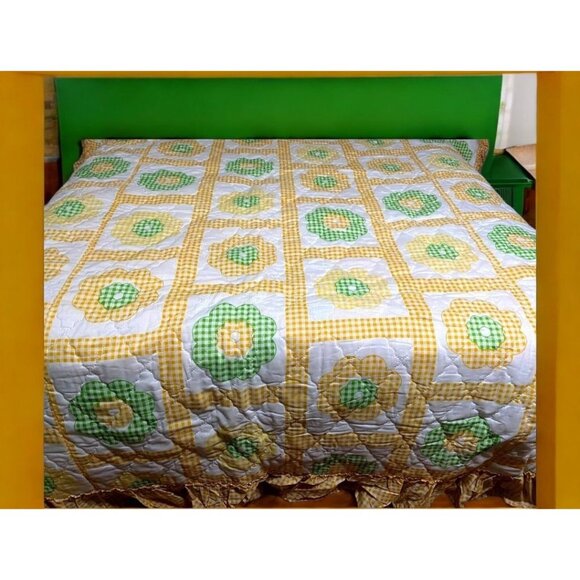 Retro‎ Country Quilted Thin Bedspread Coverlet Yellow Green Queen King Floral - Picture 1 of 12